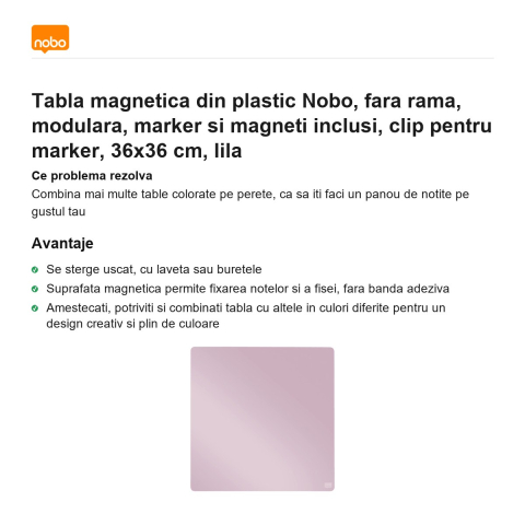 Tabla magnetica din plastic Nobo, fara rama, modulara, marker si magneti inclusi, clip pentru marker, 36x36 cm, lila [1]