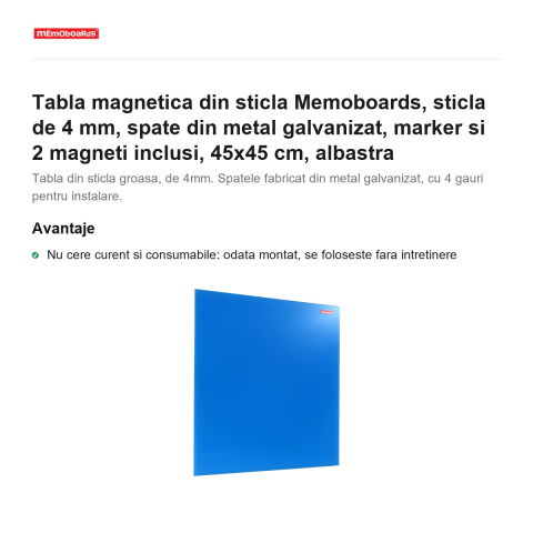 Tabla magnetica din sticla Memoboards, sticla de 4 mm, spate din metal galvanizat, marker si 2 magneti inclusi, 45x45 cm, albastra [1]