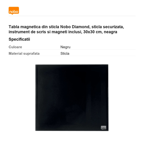 Tabla magnetica din sticla Nobo Diamond, sticla securizata, instrument de scris si magneti inclusi, 30x30 cm, neagra [2]