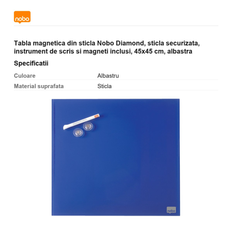 Tabla magnetica din sticla Nobo Diamond, sticla securizata, instrument de scris si magneti inclusi, 45x45 cm, albastra [2]