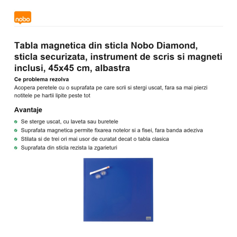 Tabla magnetica din sticla Nobo Diamond, sticla securizata, instrument de scris si magneti inclusi, 45x45 cm, albastra [1]