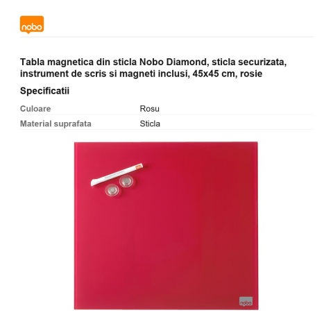 Tabla magnetica din sticla Nobo Diamond, sticla securizata, instrument de scris si magneti inclusi, 45x45 cm, rosie [2]
