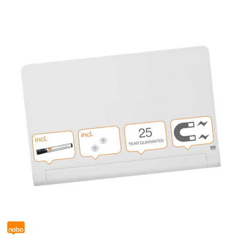 Birotica papetarie - Tabla magnetica din sticla Nobo Diamond Widescreen 45 inch, cu tavita din aluminiu pentru instrumente integrata, fara rama, montaj ascuns InvisaMount, 993x559 mm, alba