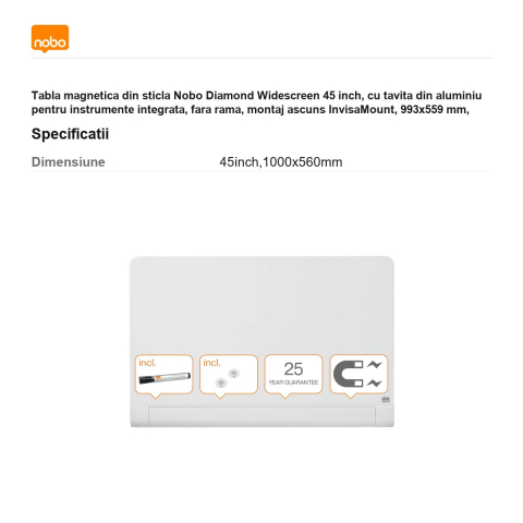 Tabla magnetica din sticla Nobo Diamond Widescreen 45 inch, cu tavita din aluminiu pentru instrumente integrata, fara rama, montaj ascuns InvisaMount, 993x559 mm, alba [2]