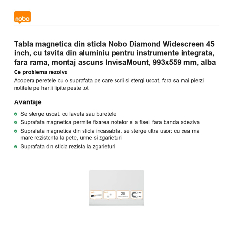 Tabla magnetica din sticla Nobo Diamond Widescreen 45 inch, cu tavita din aluminiu pentru instrumente integrata, fara rama, montaj ascuns InvisaMount, 993x559 mm, alba [1]