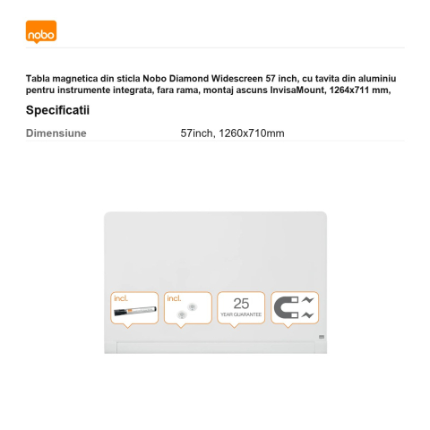 Tabla magnetica din sticla Nobo Diamond Widescreen 57 inch, cu tavita din aluminiu pentru instrumente integrata, fara rama, montaj ascuns InvisaMount, 1264x711 mm, alba [2]