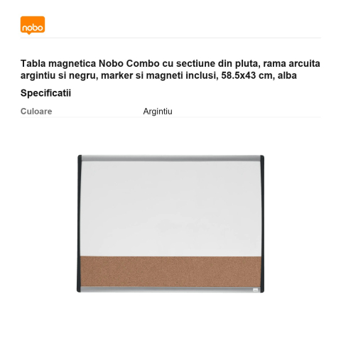 Tabla magnetica Nobo Combo cu sectiune din pluta, rama arcuita argintiu si negru, marker si magneti inclusi, 58.5x43 cm, alba [2]