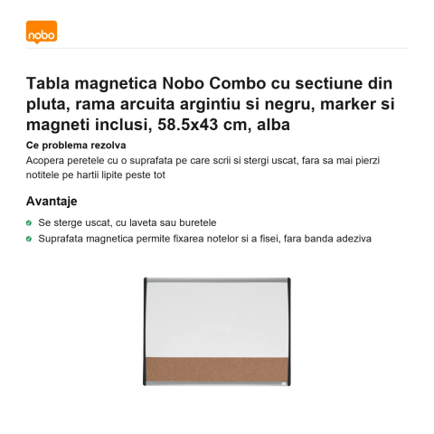 Tabla magnetica Nobo Combo cu sectiune din pluta, rama arcuita argintiu si negru, marker si magneti inclusi, 58.5x43 cm, alba [1]