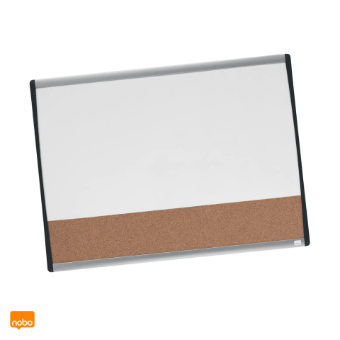 Table de conferinta - Tabla magnetica Nobo Combo cu sectiune din pluta, rama arcuita argintiu si negru, marker si magneti inclusi, 58.5x43 cm, alba