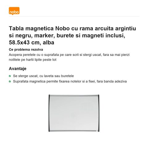 Tabla magnetica Nobo cu rama arcuita argintiu si negru, marker, burete si magneti inclusi, 58.5x43 cm, alba [1]