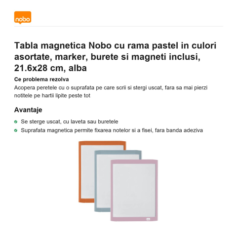 Tabla magnetica Nobo cu rama pastel in culori asortate, marker, burete si magneti inclusi, 21.6x28 cm, alba [1]