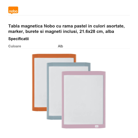 Tabla magnetica Nobo cu rama pastel in culori asortate, marker, burete si magneti inclusi, 21.6x28 cm, alba [2]
