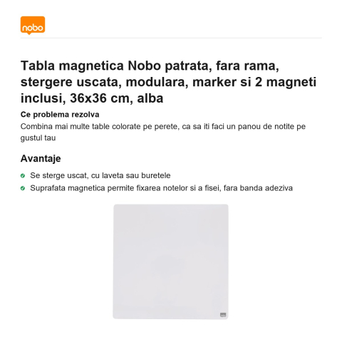 Tabla magnetica Nobo patrata, fara rama, stergere uscata, modulara, marker si 2 magneti inclusi, 36x36 cm, alba [1]