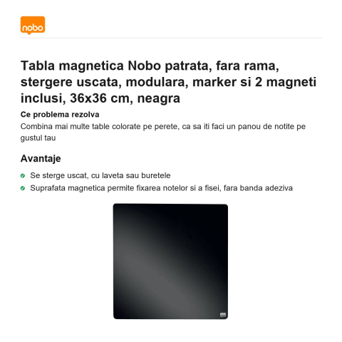 Tabla magnetica Nobo patrata, fara rama, stergere uscata, modulara, marker si 2 magneti inclusi, 36x36 cm, neagra [1]