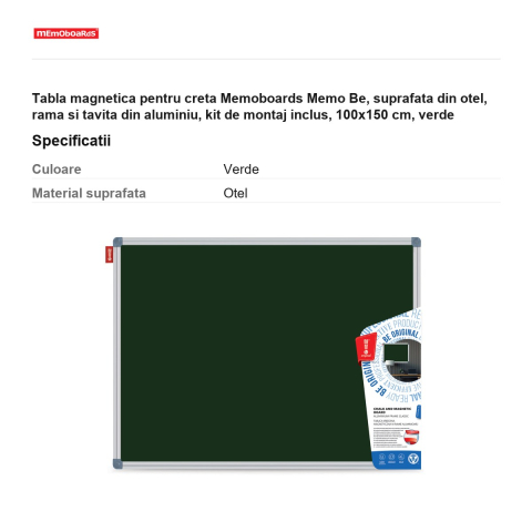 Tabla magnetica pentru creta Memoboards Memo Be, suprafata din otel, rama si tavita din aluminiu, kit de montaj inclus, 100x150 cm, verde [2]