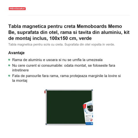 Tabla magnetica pentru creta Memoboards Memo Be, suprafata din otel, rama si tavita din aluminiu, kit de montaj inclus, 100x150 cm, verde [1]