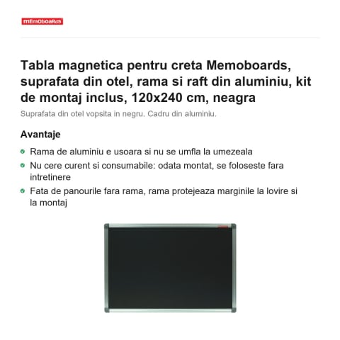 Tabla magnetica pentru creta Memoboards, suprafata din otel, rama si raft din aluminiu, kit de montaj inclus, 120x240 cm, neagra [1]