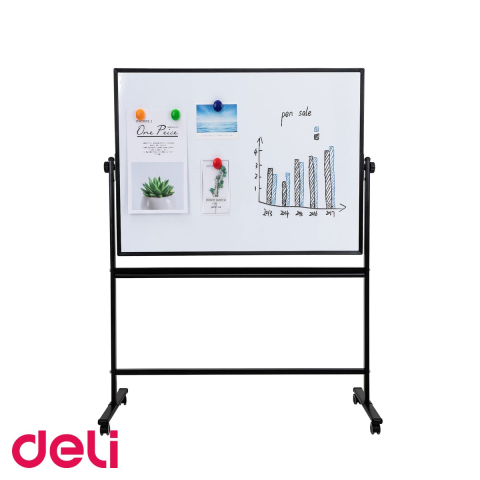 Prezentare si planificare - Tabla whiteboard magnetic mobila Deli, dubla fata, rama aluminiu, 90x150 cm, cu roti si raft pliabil