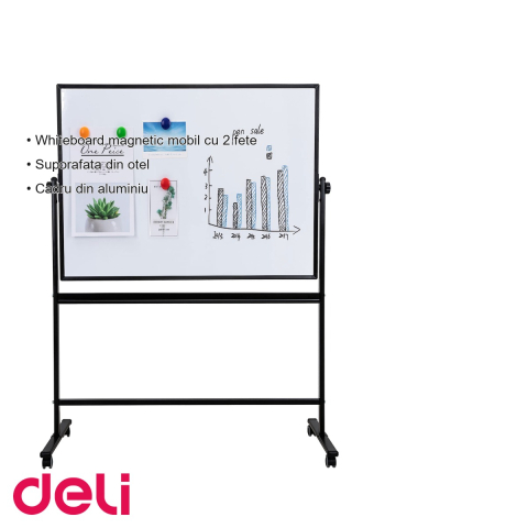 Tabla whiteboard magnetic mobila Deli, dubla fata, rama aluminiu, 90x150 cm, cu roti si raft pliabil [2]