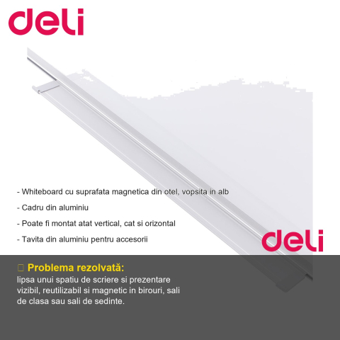 Tabla whiteboard magnetica Deli, rama aluminiu, 90x120 cm, montaj vertical si orizontal, pentru birou si sali de prezentare [1]