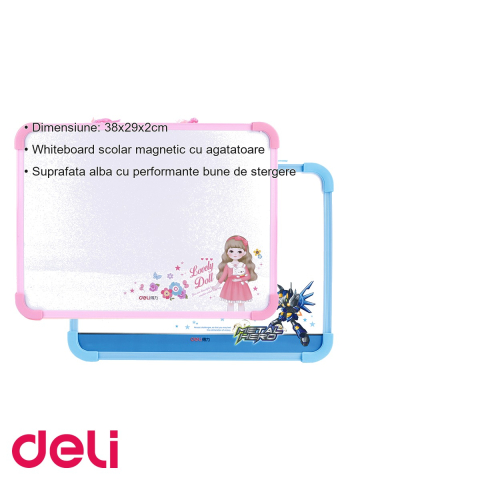 Tabla whiteboard scolara Deli, magnetica, rama PVC, cu agatatoare, pentru copii, 38x29 cm [2]