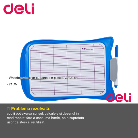 Tabla whiteboard scolara Deli, rama plastic, format mic 30x21cm, pentru copii si uz scolar [1]