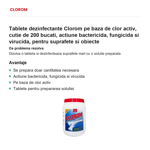 Tablete dezinfectante Clorom pe baza de clor activ, cutie de 200 bucati, actiune bactericida, fungicida si virucida, pentru suprafete si obiecte [1]