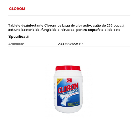 Tablete dezinfectante Clorom pe baza de clor activ, cutie de 200 bucati, actiune bactericida, fungicida si virucida, pentru suprafete si obiecte [2]