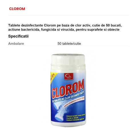 Tablete dezinfectante Clorom pe baza de clor activ, cutie de 50 bucati, actiune bactericida, fungicida si virucida, pentru suprafete si obiecte [2]