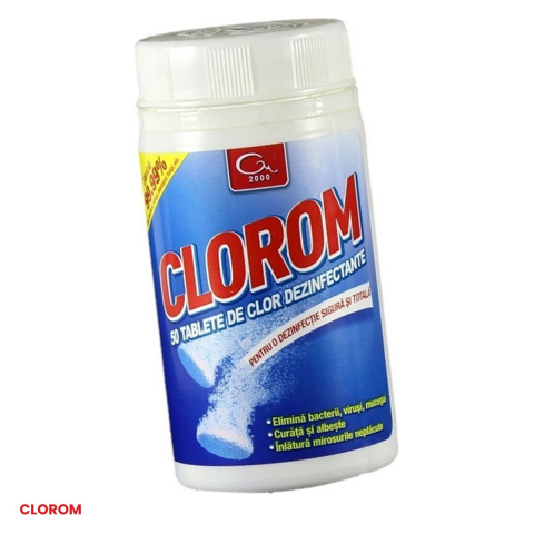Tablete dezinfectante Clorom pe baza de clor activ, cutie de 50 bucati, actiune bactericida, fungicida si virucida, pentru suprafete si obiecte [0]