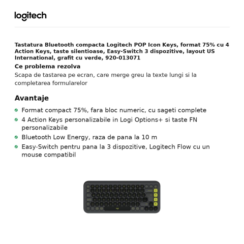 Tastatura Bluetooth compacta Logitech POP Icon Keys, format 75% cu 4 Action Keys, taste silentioase, Easy-Switch 3 dispozitive, layout US International, grafit cu verde, 920-013071 [1]