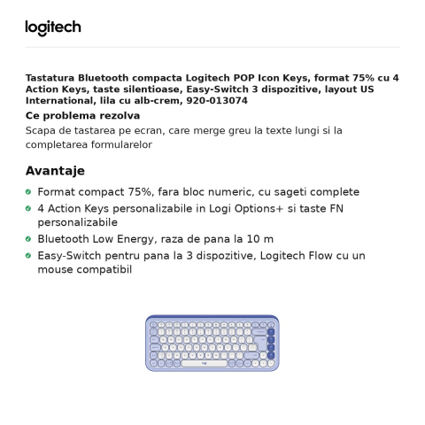 Tastatura Bluetooth compacta Logitech POP Icon Keys, format 75% cu 4 Action Keys, taste silentioase, Easy-Switch 3 dispozitive, layout US International, lila cu alb-crem, 920-013074 [1]