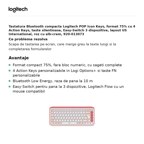 Tastatura Bluetooth compacta Logitech POP Icon Keys, format 75% cu 4 Action Keys, taste silentioase, Easy-Switch 3 dispozitive, layout US International, roz cu alb-crem, 920-013073 [1]
