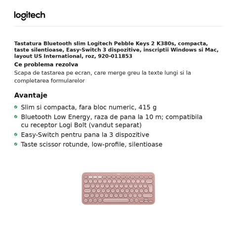 Tastatura Bluetooth slim Logitech Pebble Keys 2 K380s, compacta, taste silentioase, Easy-Switch 3 dispozitive, inscriptii Windows si Mac, layout US International, roz, 920-011853 [1]