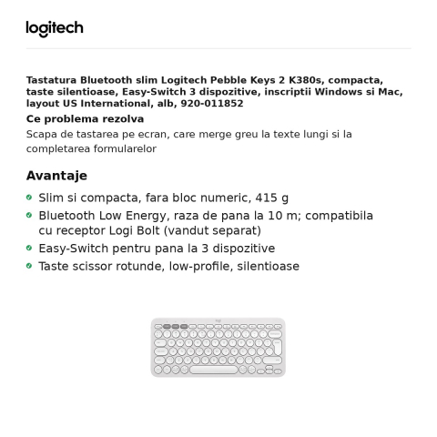Tastatura Bluetooth slim Logitech Pebble Keys 2 K380s, compacta, taste silentioase, Easy-Switch 3 dispozitive, inscriptii Windows si Mac, layout US International, alb, 920-011852 [1]