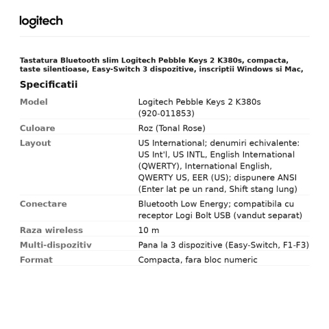 Tastatura Bluetooth slim Logitech Pebble Keys 2 K380s, compacta, taste silentioase, Easy-Switch 3 dispozitive, inscriptii Windows si Mac, layout US International, roz, 920-011853 [2]