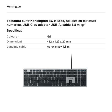 Tastatura cu fir Kensington EQ KB535, full-size cu tastatura numerica, USB-C cu adaptor USB-A, cablu 1.8 m, gri [2]