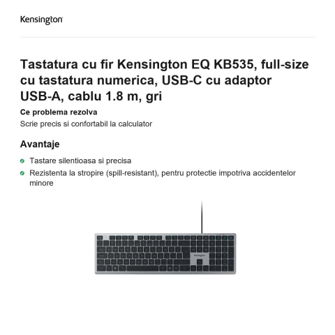 Tastatura cu fir Kensington EQ KB535, full-size cu tastatura numerica, USB-C cu adaptor USB-A, cablu 1.8 m, gri [1]