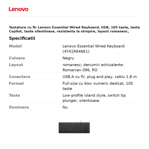 Tastatura cu fir Lenovo Essential Wired Keyboard, USB, 105 taste, tasta Copilot, taste silentioase, rezistenta la stropire, layout romanesc, negru, 4Y41R64661 [2]