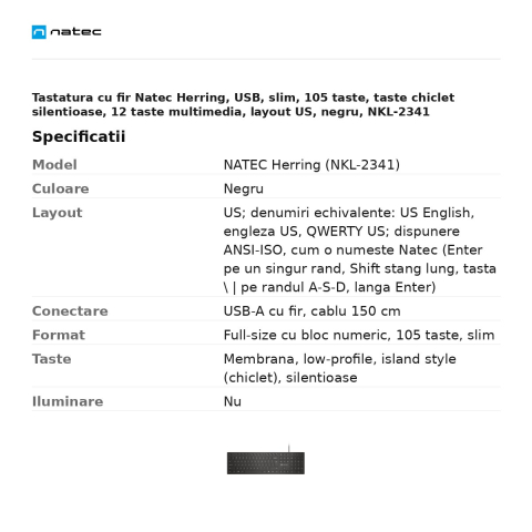 Tastatura cu fir Natec Herring, USB, slim, 105 taste, taste chiclet silentioase, 12 taste multimedia, layout US, negru, NKL-2341 [2]