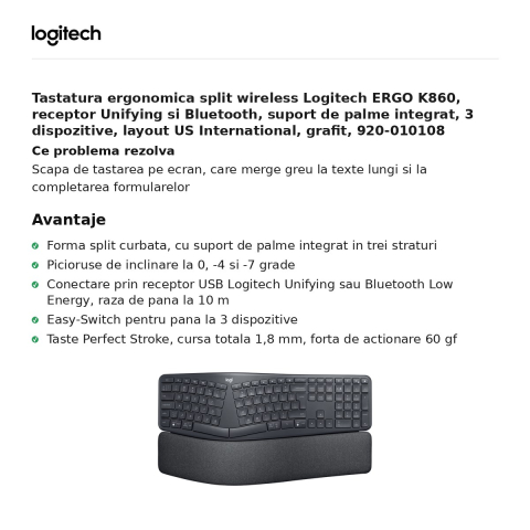 Tastatura ergonomica split wireless Logitech ERGO K860, receptor Unifying si Bluetooth, suport de palme integrat, 3 dispozitive, layout US International, grafit, 920-010108 [1]