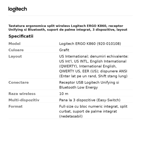 Tastatura ergonomica split wireless Logitech ERGO K860, receptor Unifying si Bluetooth, suport de palme integrat, 3 dispozitive, layout US International, grafit, 920-010108 [2]