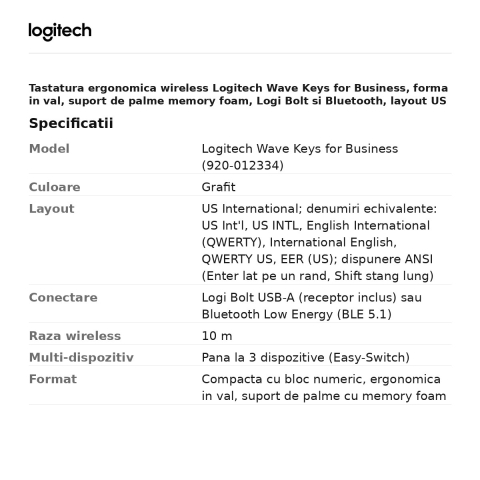 Tastatura ergonomica wireless Logitech Wave Keys for Business, forma in val, suport de palme memory foam, Logi Bolt si Bluetooth, layout US International, grafit, 920-012334 [2]
