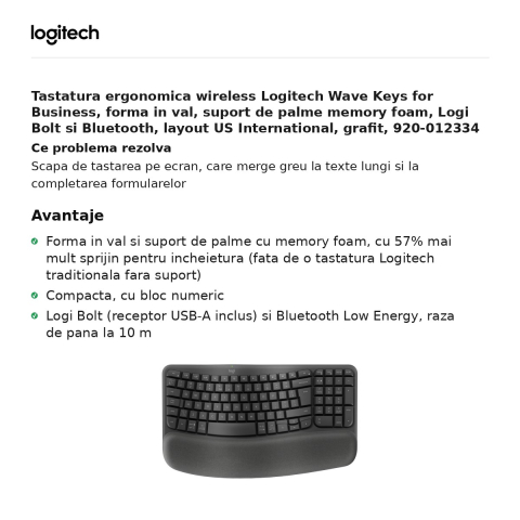 Tastatura ergonomica wireless Logitech Wave Keys for Business, forma in val, suport de palme memory foam, Logi Bolt si Bluetooth, layout US International, grafit, 920-012334 [1]