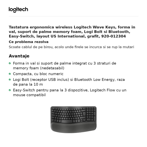 Tastatura ergonomica wireless Logitech Wave Keys, forma in val, suport de palme memory foam, Logi Bolt si Bluetooth, Easy-Switch, layout US International, grafit, 920-012304 [1]