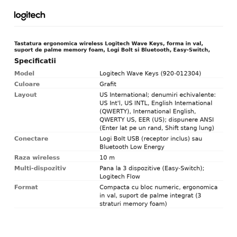 Tastatura ergonomica wireless Logitech Wave Keys, forma in val, suport de palme memory foam, Logi Bolt si Bluetooth, Easy-Switch, layout US International, grafit, 920-012304 [2]