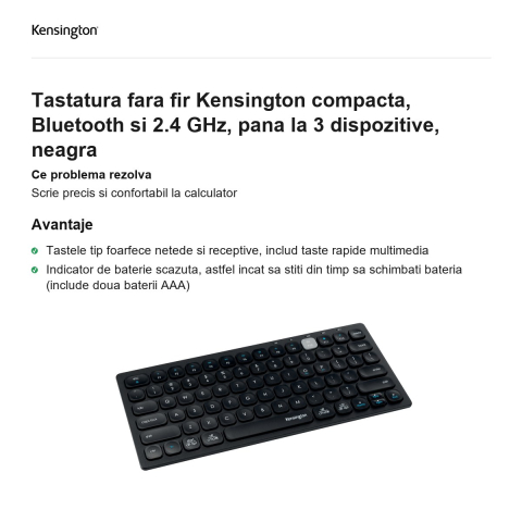 Tastatura fara fir Kensington compacta, Bluetooth si 2.4 GHz, pana la 3 dispozitive, neagra [1]