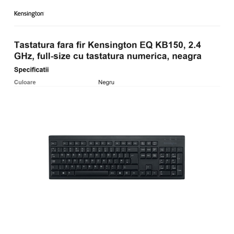 Tastatura fara fir Kensington EQ KB150, 2.4 GHz, full-size cu tastatura numerica, neagra [2]