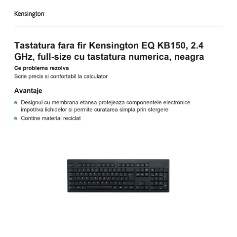 Tastatura fara fir Kensington EQ KB150, 2.4 GHz, full-size cu tastatura numerica, neagra [1]