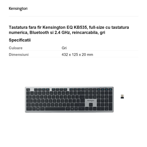 Tastatura fara fir Kensington EQ KB535, full-size cu tastatura numerica, Bluetooth si 2.4 GHz, reincarcabila, gri [2]